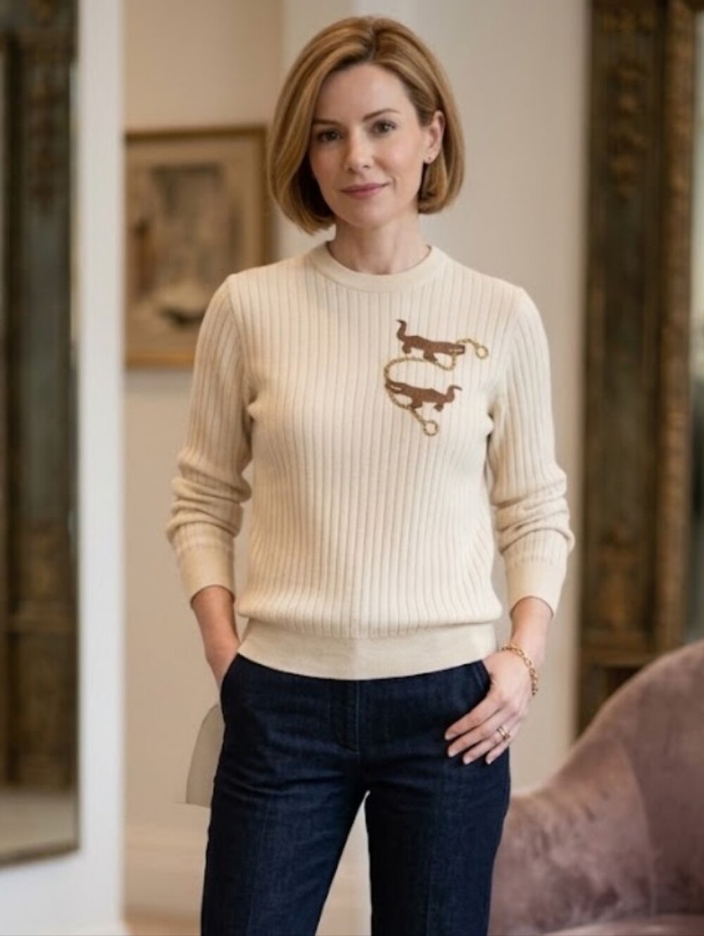 Vintage Celine Paris Cream Wool Ribbed Knit Sweater Embroidery 40 Quiet Luxury